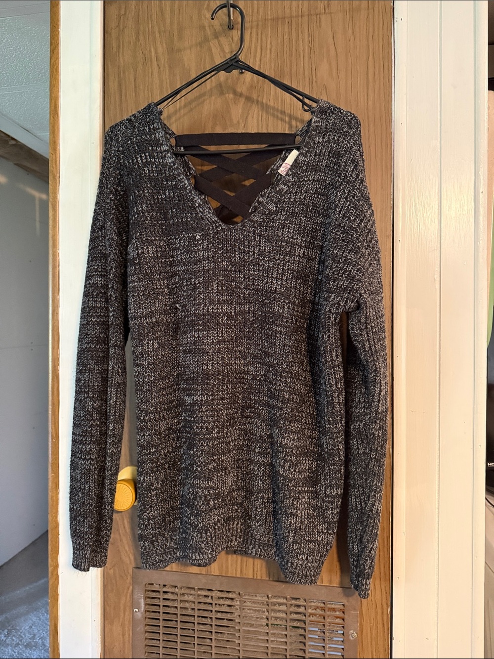 SO Black and Gray Crisscross V-Neck Sweater